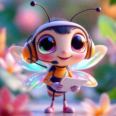 The primary subject of the image is a small, colorful, and cute cartoon character, which appears to be a bee or a similar insect. The character is wearing headphones and holding a cell phone. The setting is a flower garden, with various flowers surrounding the character. The visual style is a digital art or illustration, creating a whimsical and playful atmosphere. The colors are predominantly bright and vibrant, with the character being the main focus of the image.